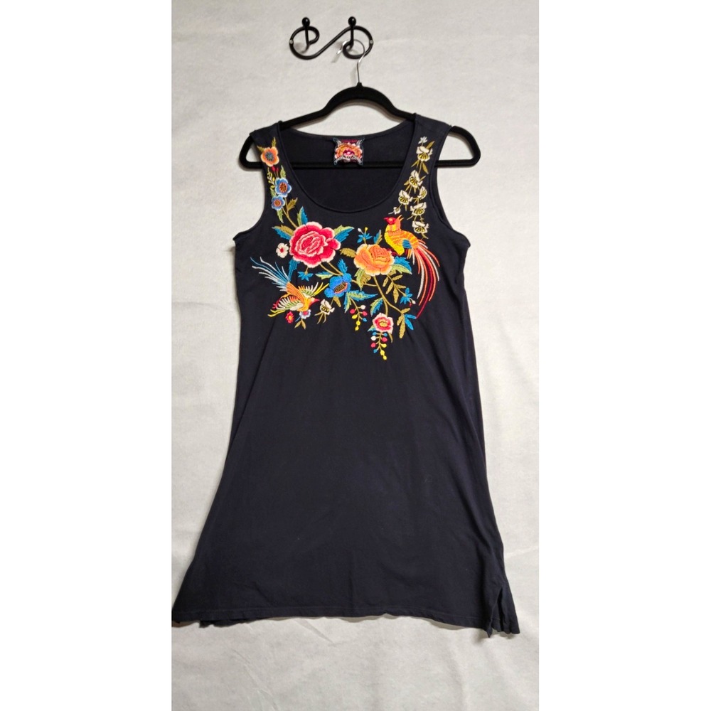 Johnny Was Black Floral Embroidered  Scoop Neck Short Tank Dress Size XS